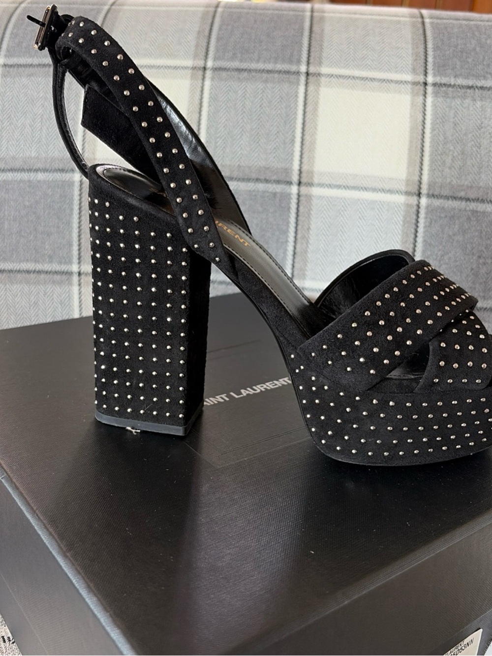 Saint Laurent Black Studded Suede Block-Heel Sandals